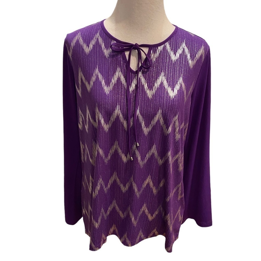 New Bob Mackie Chevron Hi-Low Knit Top Purple  NWT Wearable Art QVC Size Large